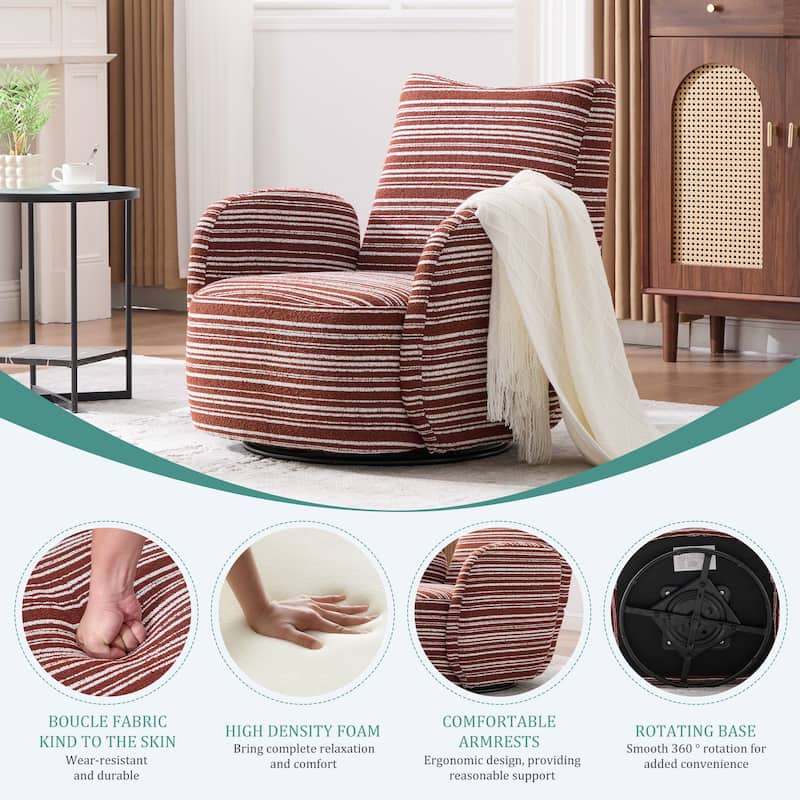 HOMEFUN Boucle Upholstered 360° Swivel Fabric Striped Armrest Leisure Chair for Living room and Bedroom