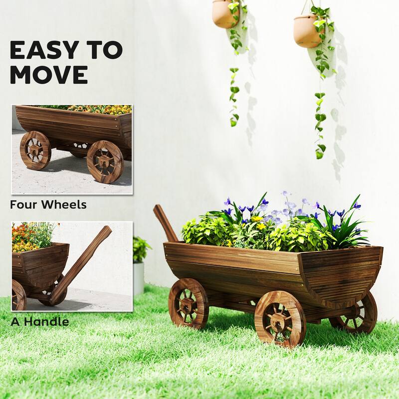 Outsunny Wooden Wagon Planter Box, Mobile Garden Planter with 4 Wheels and Handle, Small Wheelbarrow Wagon Flower Cart