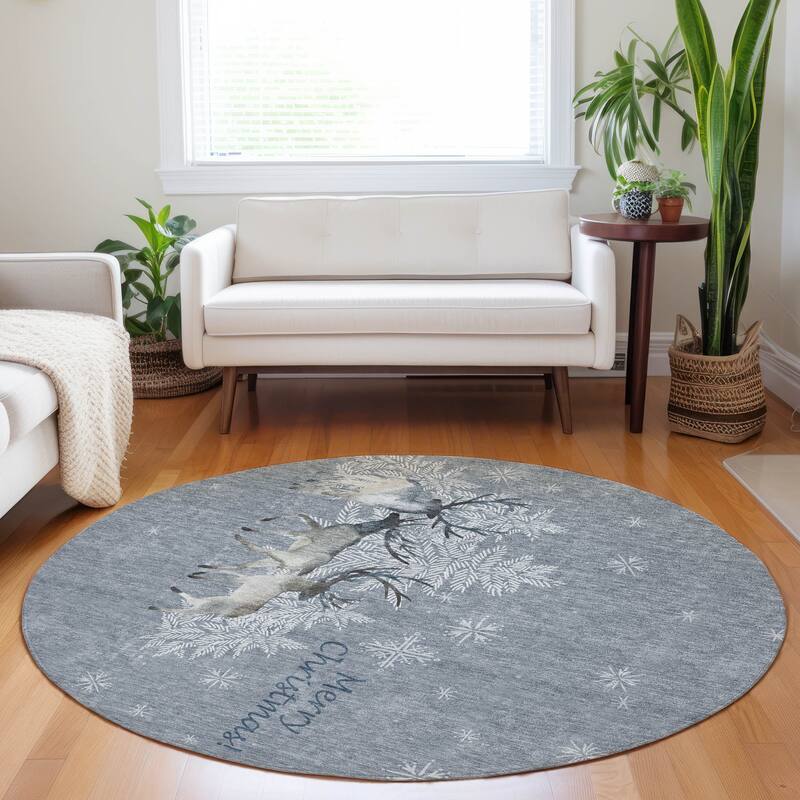 Premium Washable Super Merry Christmas Reindeer Soft Mayfield Rug - Grey - 8' x 8' - Round