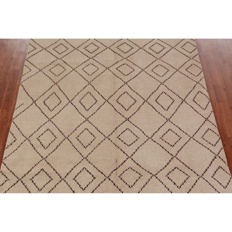 Hand Knotted Oriental 100% Wool Carpet Modern Geometric Beige & Ivories Moroccan Area Rug - 8' 0'' X 5' 0''