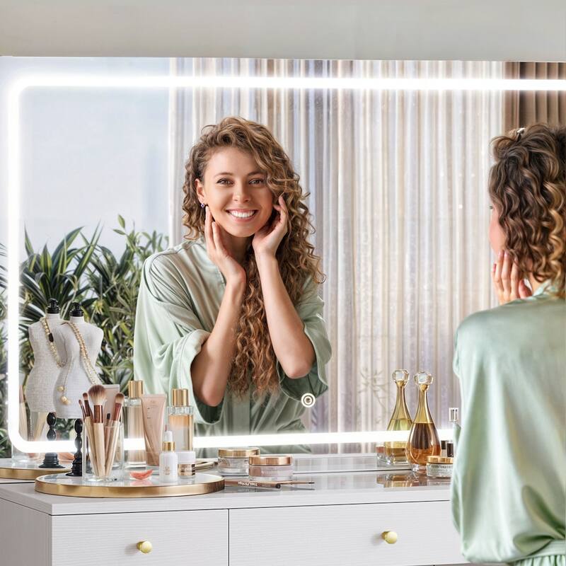 Moasis 9-Drawer Makeup Vanity Set with Stool and Mirror, Glass Top Vanity Desk with LED Lights