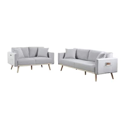 2 Piece Linen Fabric Living Room Set with USB Charging Ports and 4 Pillows