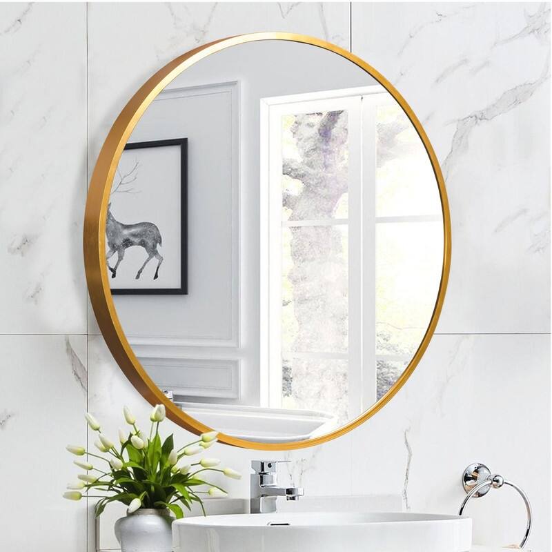 Classic Round Accent Bathroom Mirror Metal Frame Hanging Wall Mounted Circle Mirror for Wall Decor Vanity Entryway Living Room