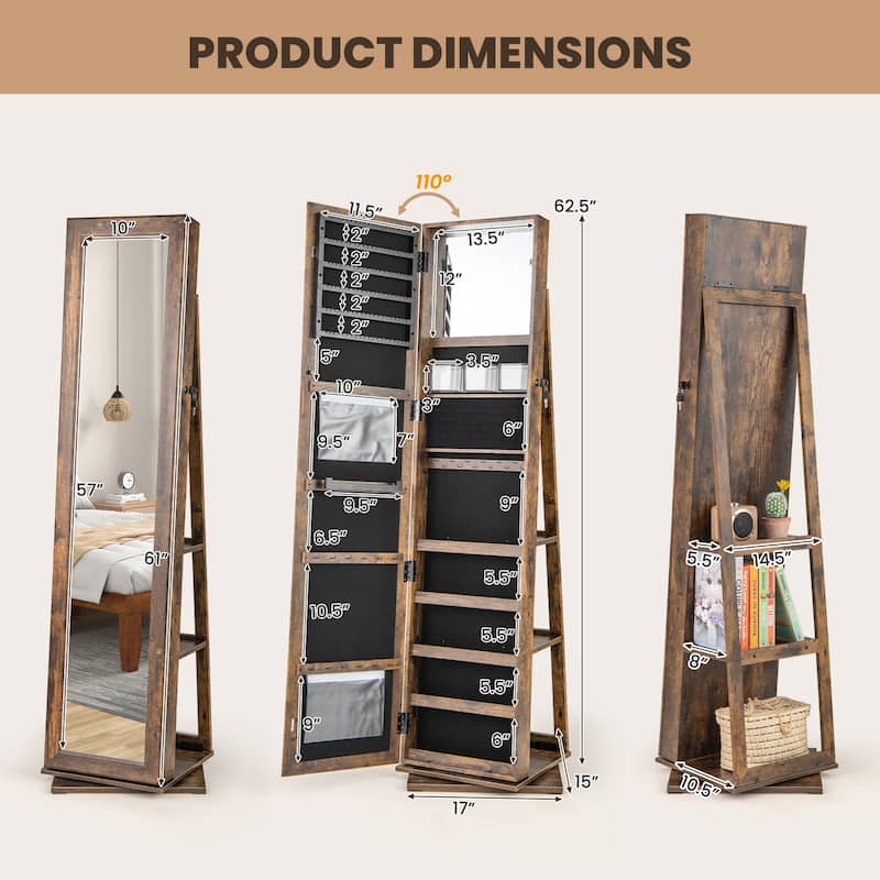 360 Degree Rotating Jewelry Armoire with Full Length Mirror Lockable Cabinet and Storage Shelves Organizer - 17" x 15" x 62.5"