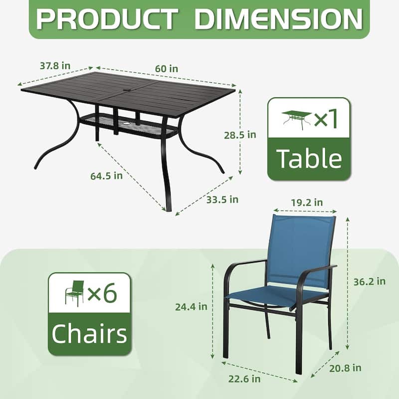 7 Piece Outdoor Patio Metal Dining Set of 6 Textilene Chairs and Rectangle Table with Umbrella Hole