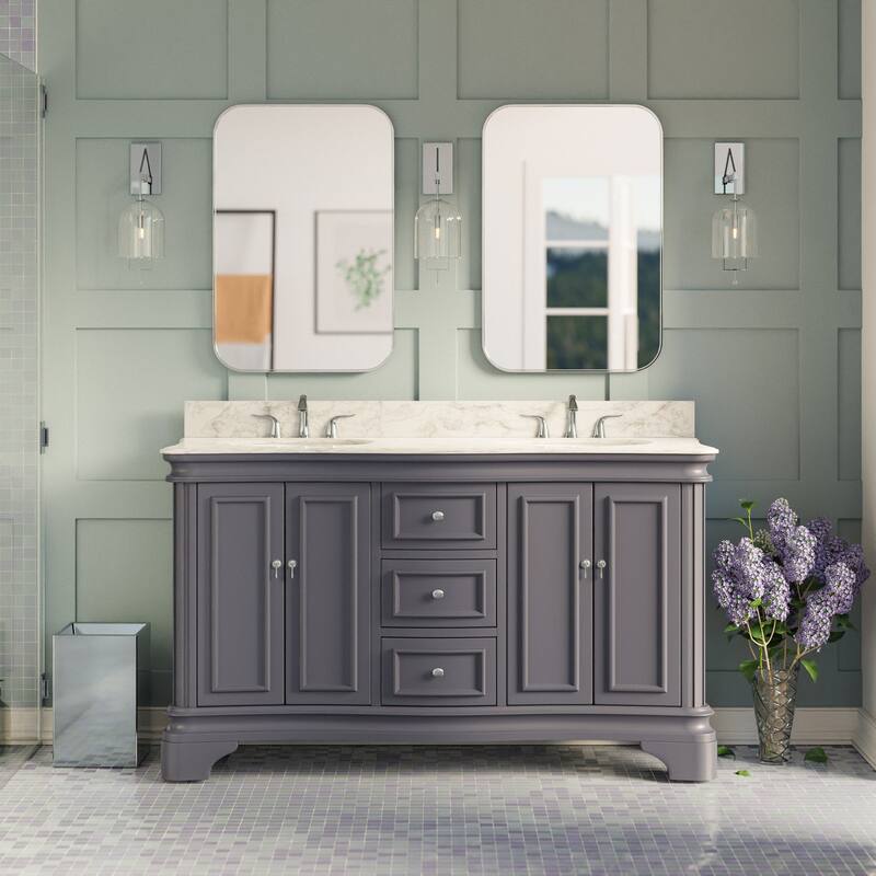 KitchenBathCollection Katherine 60" Double Bathroom Vanity with Carrara Marble Top - Marine Gray