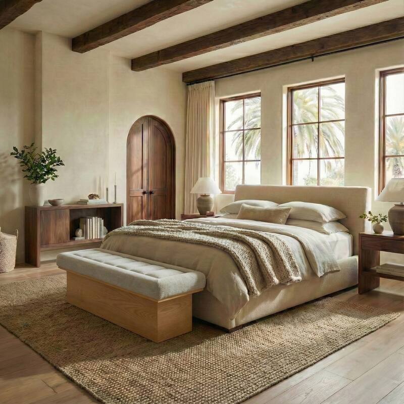 SAFAVIEH Couture Trudy Chenille And Wood Bench - 51"W x 17"D x 18"H - Light Brown/Walnut