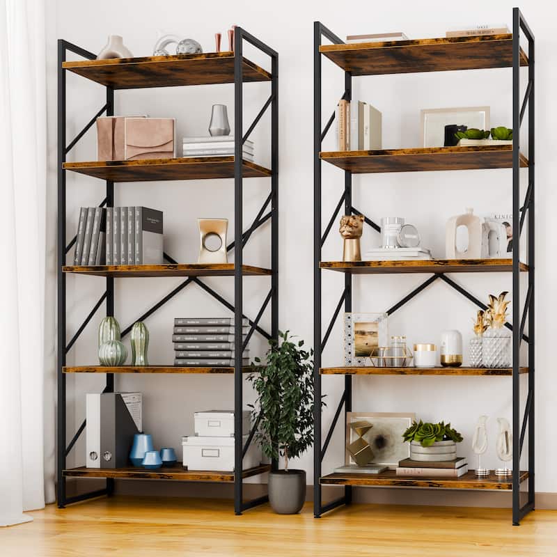 H-Shaped 5-Tier Storage Bookcase, 62.2" Tall Standing Bookshelf with Adjustable Feet