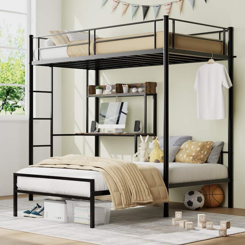 Bunk Bed Twin Over Twin Size with Desk and Charging Station,L-Shaped Bunk Bed with Shelves and Bookcase,Guardrail and Ladder