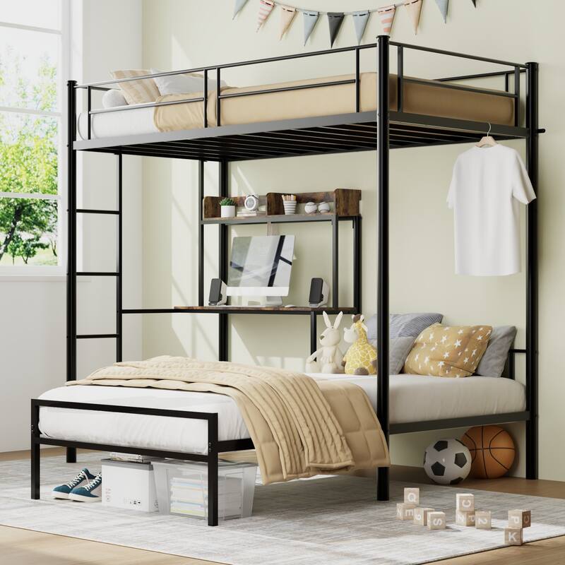 Roomfitters Twin Over Twin Bunk Bed with L-Shaped Desk, Charging Station, Storage Shelves & Safety Guardrails, Black