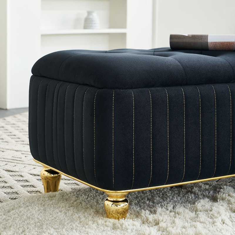 Upholstered Velvet Fabric Storage Ottoman with Safety Hinge