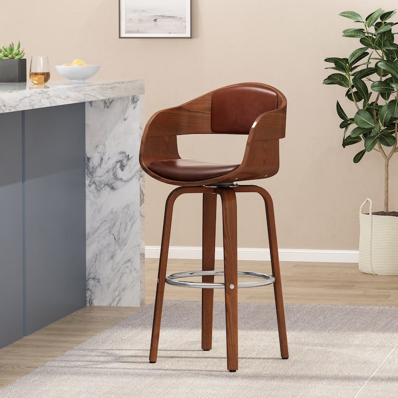 Mid Century Modern Bar Stool Dark Brown Wood Swivel Seat Faux Leather Chrome Footrest 30 Inch Height
