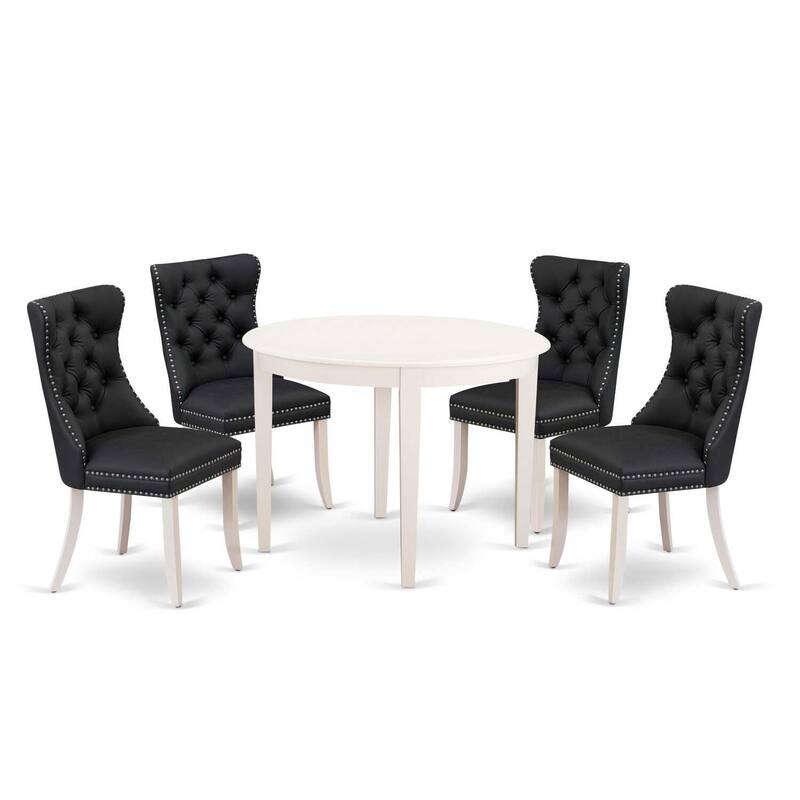 5-Piece Linen White Solid Wood Top - Round Upholstered Dining Room Set - (Seats-4)