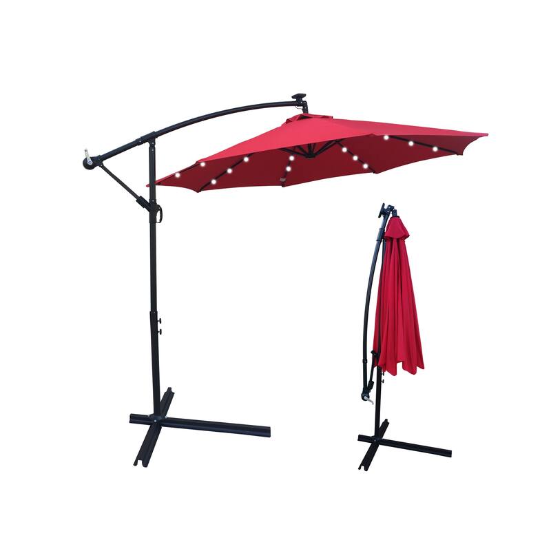 Outdoor Patio Umbrella Solar Powered LED Lighted Sun Shade Market Waterproof 8 Ribs Umbrella with Crank and Cross Base