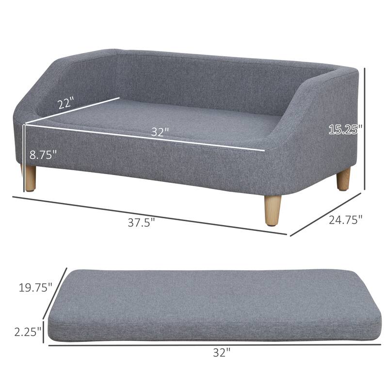 Elevated Pet Sofa with Removable Washable Linen Cushion Eucalyptus Wood Frame Gray Couch for Dogs and Cats