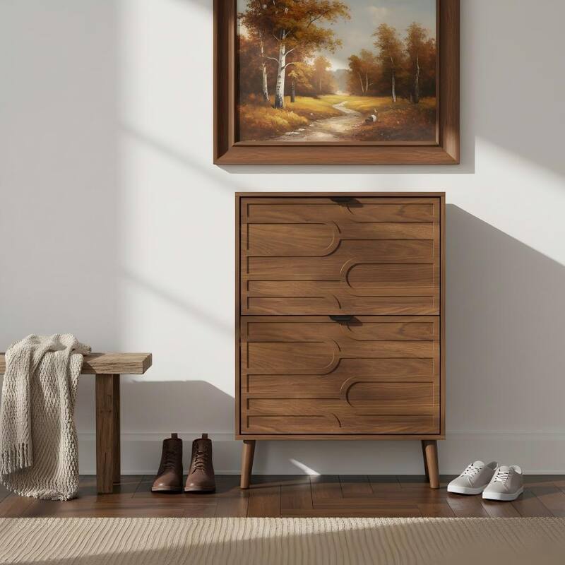 12 Pair Shoe Storage Cabinet W/2 Flip-Top Drawer, 23.62"W Walnut Shoe Cabinet