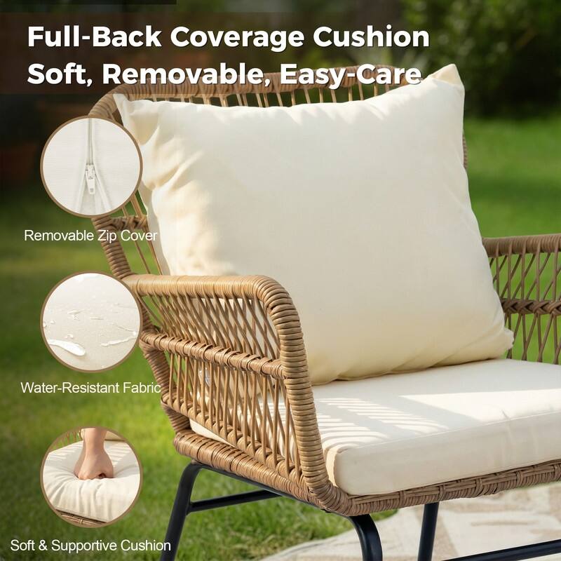 3-Piece Boho Outdoor Patio Furniture Set, Wicker Conversation Bistro Set with 2 Rattan Chairs and Coffee Table