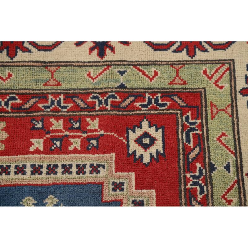 Blue Geometric Kazak Oriental Rug Handmade Traditional Wool Carpet - 6'8" x 10'1"