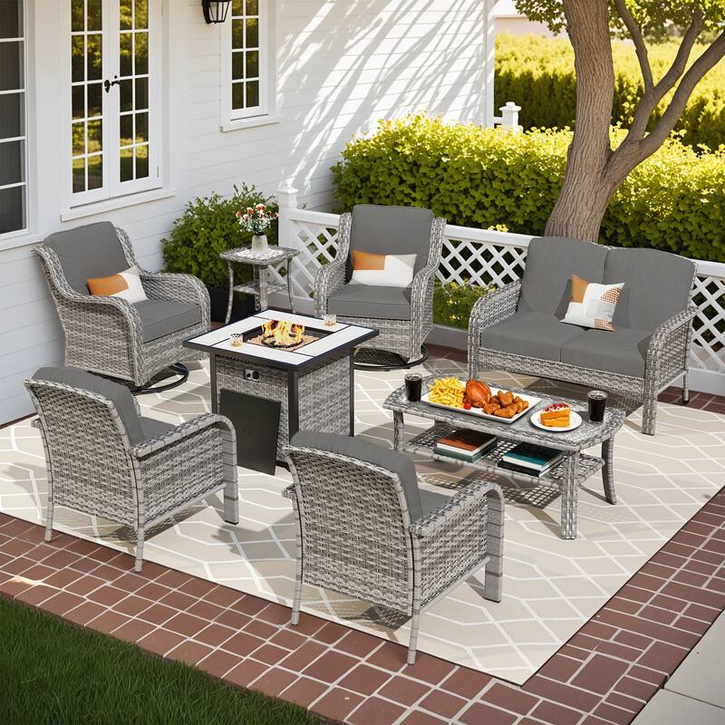 OVIOS 8 Pieces Outdoor Patio Swivel Chair Conversation Set with Fire Table - DarkGrey