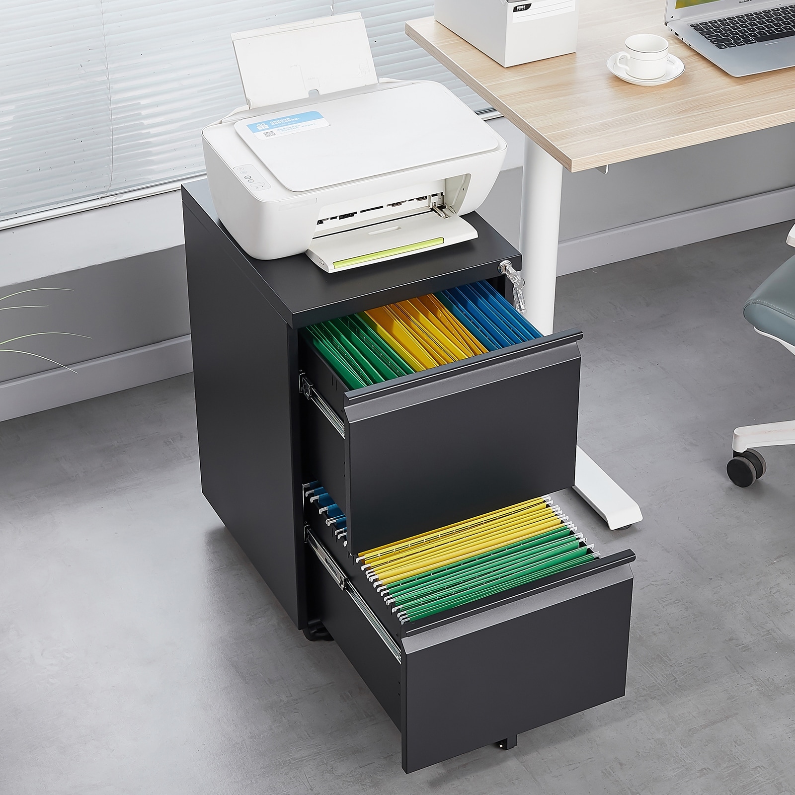 Modern File Cabinet Mobile File Cabinet Steel File Cabinet with 2 Drawers and Lock for Home Office, White
