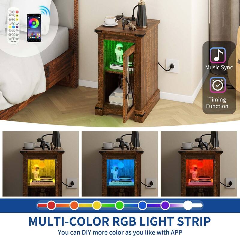 Moasis Farmhouse LED Light End Table with Charging Station, Chairside Sofa Side Table with Storage