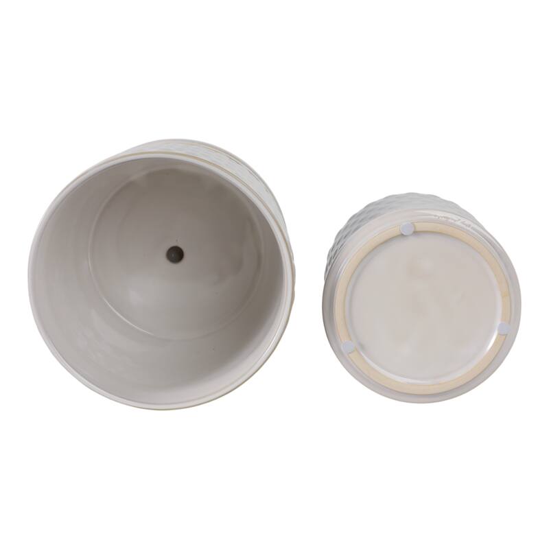 Ceramic Planters with Textured Bubble Surface and Saucers (Set of 2) - 8" x 8" x 7"