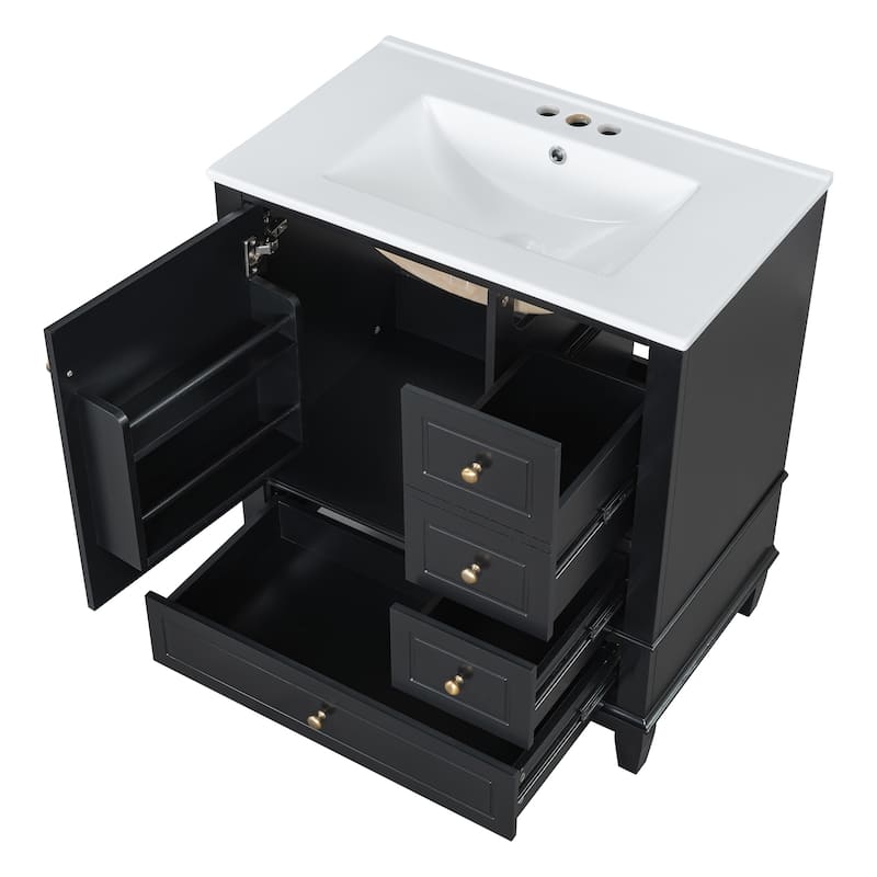 30" Bathroom Vanity w/Ceramic Sink and One-Door Shelf, Water-Resistant Wood One Cabinet Vanities w/ 3 Drawers & Soft Close Door