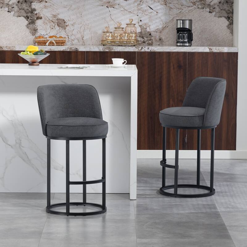 Anmytek Set of 2 Comfortable Modern Barrel Counter Height Bar Stools - Linen Fabric Upholstered With Backrest