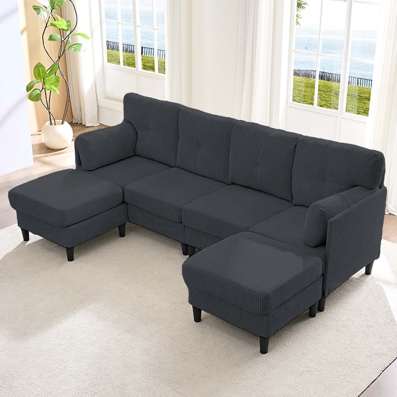 Mixoy Corduroy U-Shape Modular Convertible Sectional Sofa,Upholstered 4-Seater Sofa Couch with Movable Ottoman