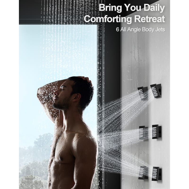 GRANDJOY LUXURY Shower Faucet Set 28"*16" Ceiling Mount Shower Head Body Jets Handheld Spray with Slide Bar LED Music