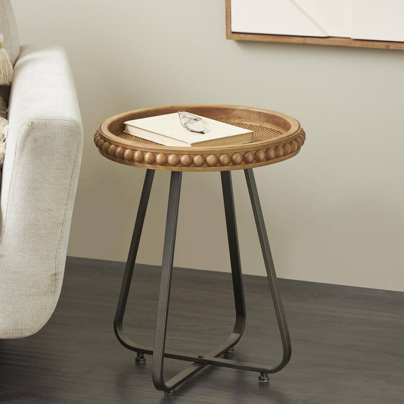 Wood Beaded Accent Table with Rounded Gray Metal Base and Rattan Accent - Brown - Roche River Decor