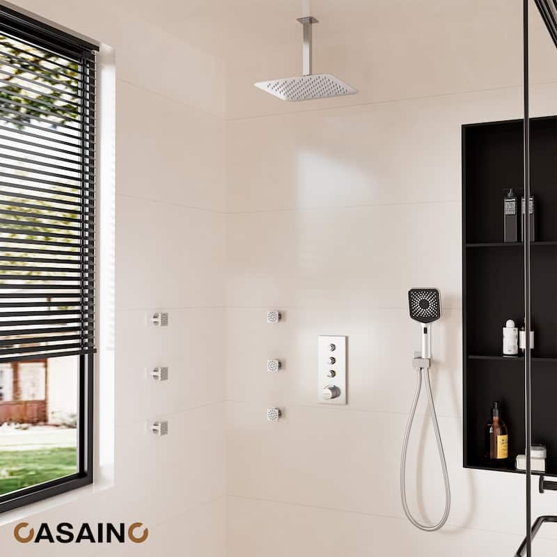 Luxury Thermostatic Shower System 3-Spray Patterns Ceiling Mount Fixed Shower Head and Handheld Spray with 6 Body Jets