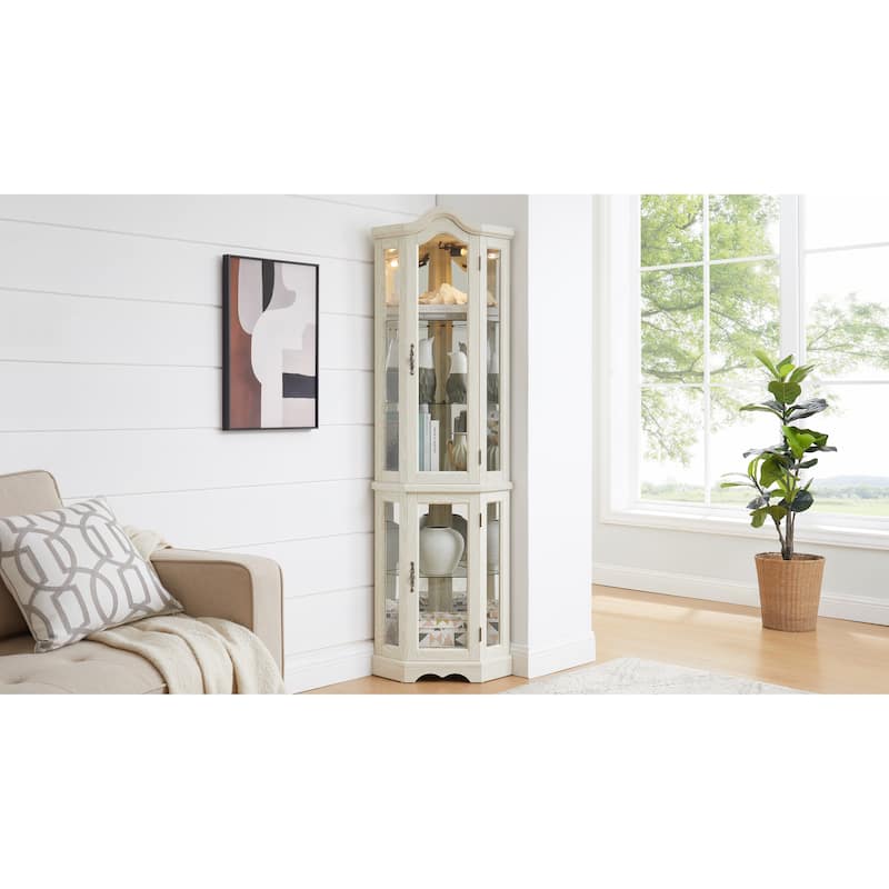 Lighted Corner Curio Cabinet, Freestanding Glass Display Cabinet, Wooden China Cabinet with Tempered Glass Doors & Shelves - White