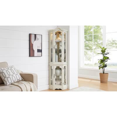 Lighted Corner Curio Cabinet, Freestanding Glass Display Cabinet, Wooden China Cabinet with Tempered Glass Doors & Shelves