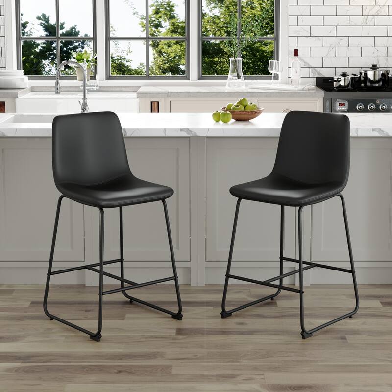 Modern Simple PU Bar Stools Set of 2 with Backrest Footstool with Soft PU Leather Seat for Home, Bar - Black