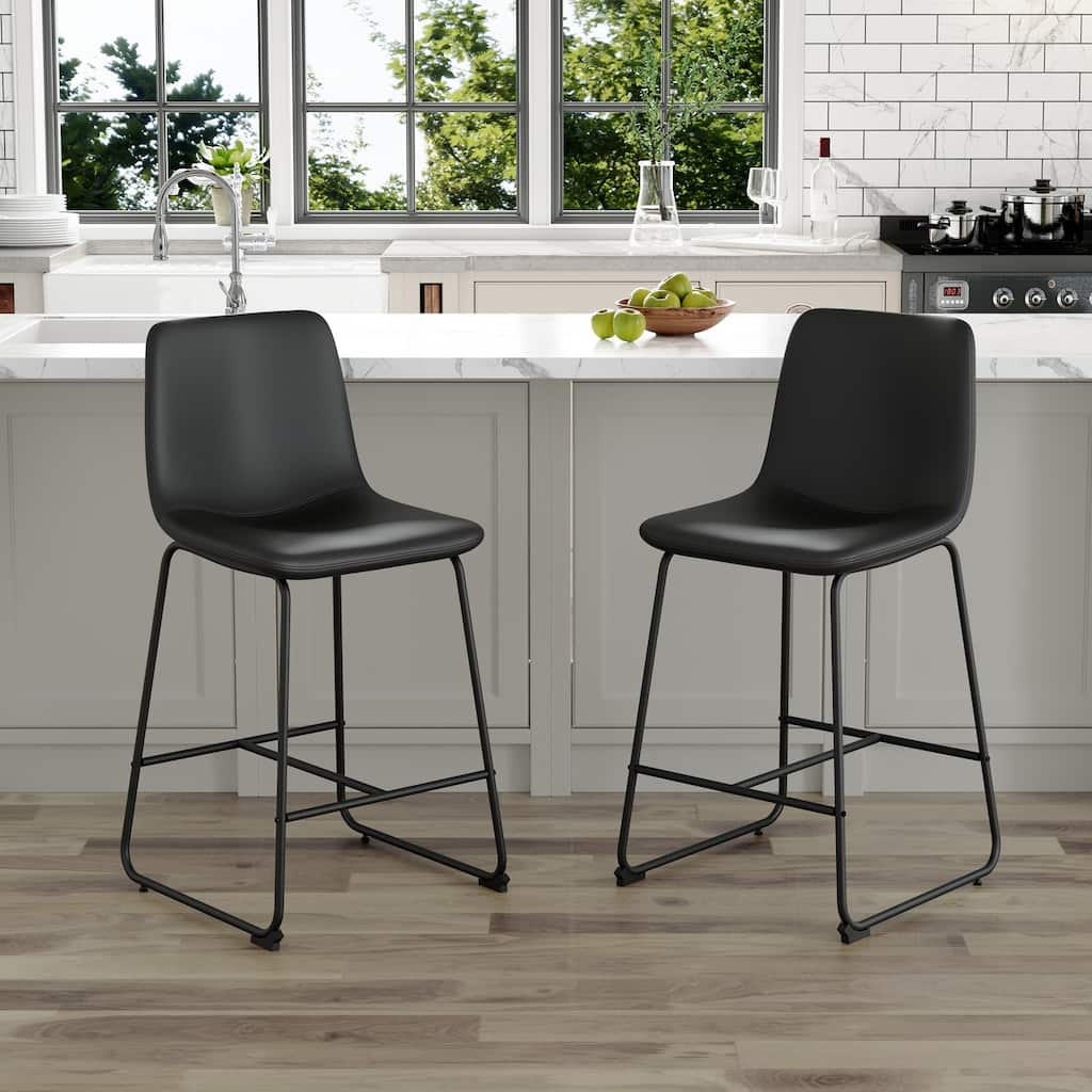 Set of 2 Faux Leather Bar Stools, Retro Dining Chair w/ Metal Legs & Non Slip Pads, 25.8'' Counter Height Bar Chairs w/ Footrest