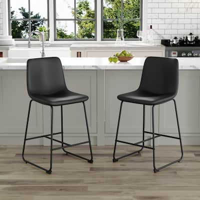 Set of 2 Modern Minimalist Style PU Material Bar Stools - Black, suitable for kitchen, bar, and modern home design, with
