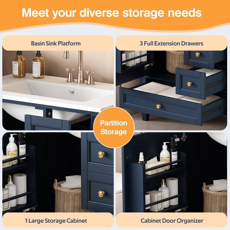 GDFStudio - Melshire Modern Freestanding Bathroom Vanity with Ceramic Sink and 3 Drawer Storage, Ideal for Home - 30'W