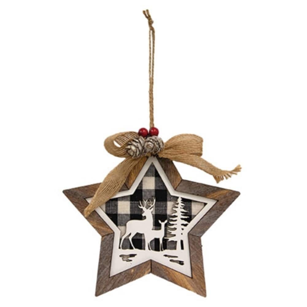 Wooden Black and White Plaid Star Ornament with Deer Scene - 6-Inch Height