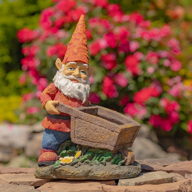 17 Inch Tall Spring Gnome Garden Statue with Wheelbarrow - Magnesium Oxide - Multi - Small