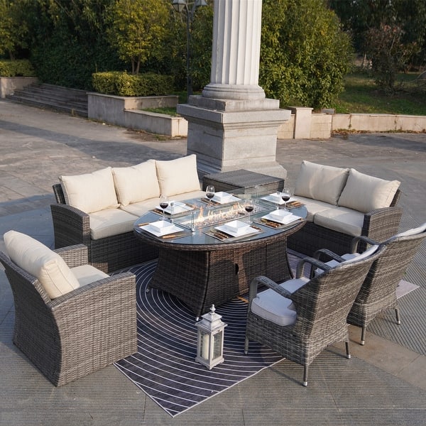 slide 2 of 12, 7-Piece Patio Mixed Brown and Grey Sofa Set with Fire Pit Table Brown/Grey