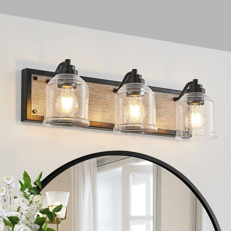 23" Farmhouse Vanity Light Fixture, 3-Light Bathroom Wall Sconce with Clear Seeded Glass Shades, Black and Wood Grain Finish