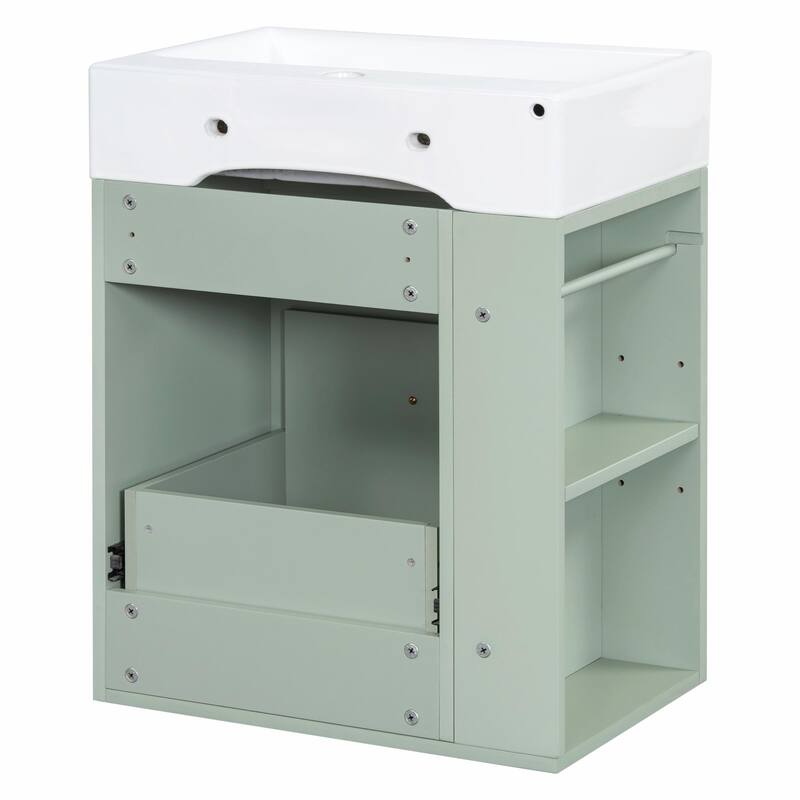 20-Inch Bathroom Vanity with Ceramic Sink - MDF Storage Cabinet with Drawer, Side Shelf and Silver Handle