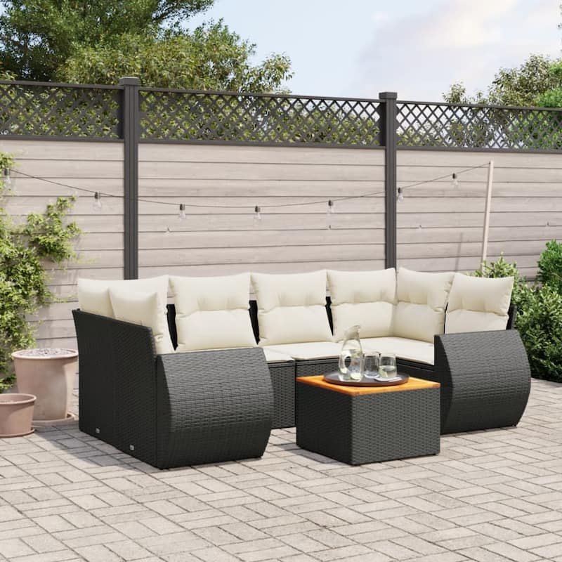 vidaXL Patio Sofa Set with Cushions Outdoor Furniture 7 Piece Poly Rattan - Black and Cream - 92.1 x 52.0 x 27.2