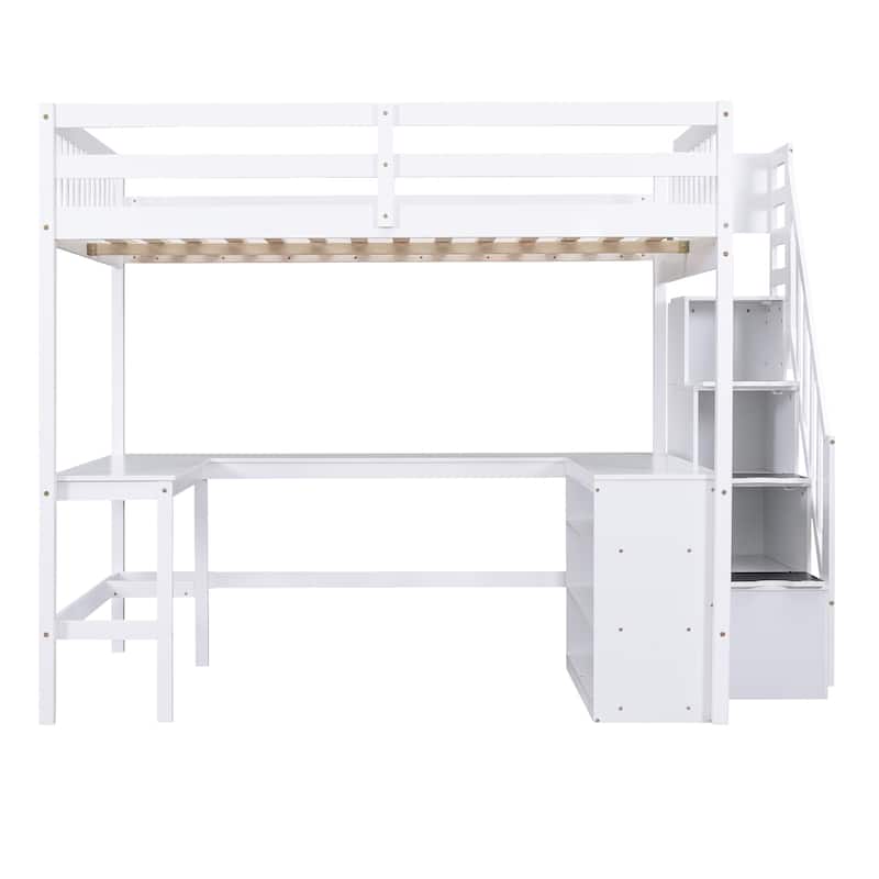 Full Pine Wood Loft Bed with L-Shaped Desk