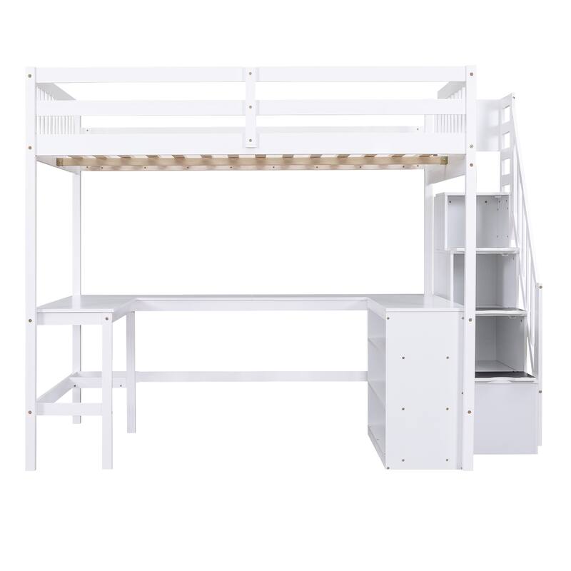 Full Size Pine Wood Loft Bed with Built-in L-Shaped Desk and Three-Tier Storage Shelves, and Attached Storage Staircase