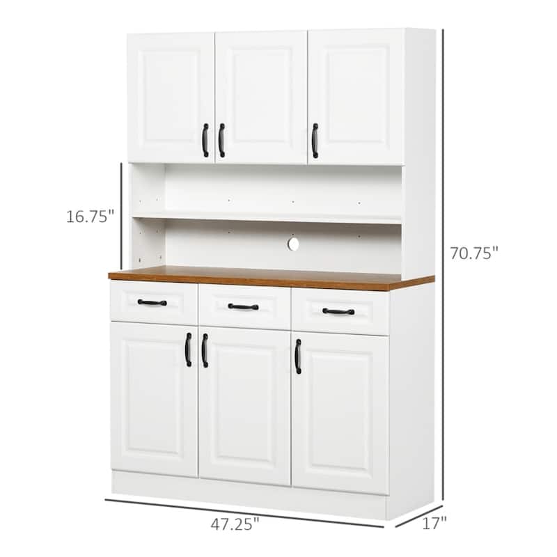 White Pantry Storage Cabinet with Adjustable Shelves and Open Counter for Microwave and Appliances - 47.25”L x 17”W x 70.75”H