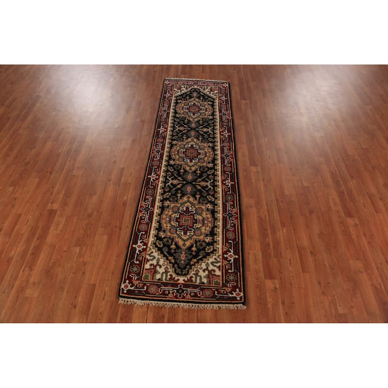 Dark Navy Blue Heriz Serapi Indian Runner Rug Handmade Wool Carpet - 2'3"x 8'3"