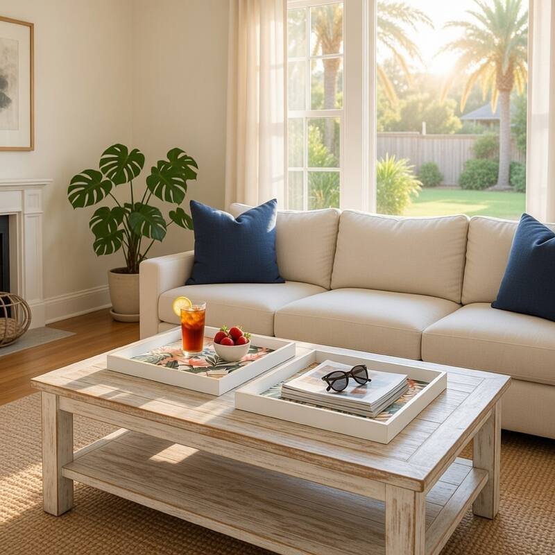 Set of 2 Decorative Trays, Crisp White MDF, Floral Printed PVC, Pink, Green