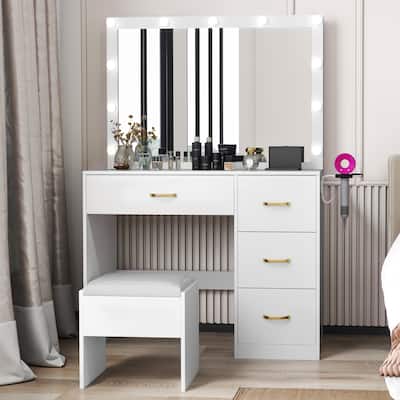 Moasis 42.1" White Mirror Makeup Vanity Table with Stool and Light Strip